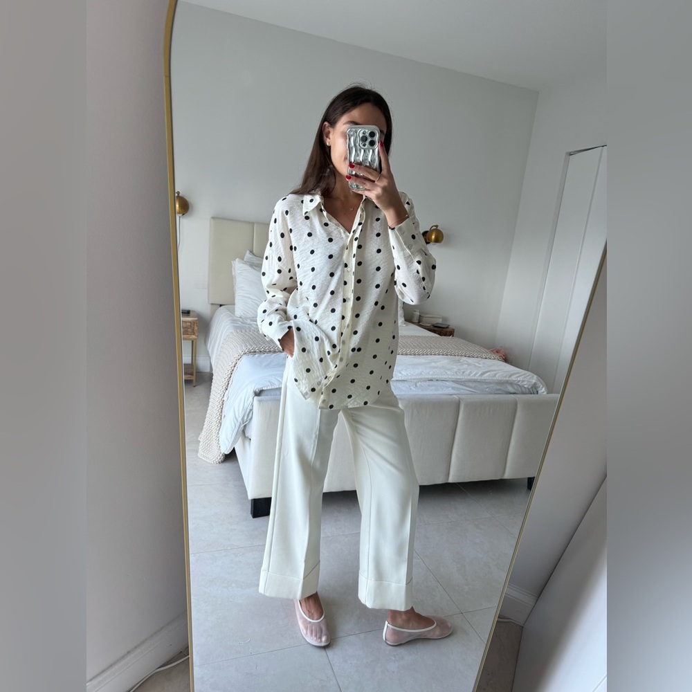 White polka dot button down